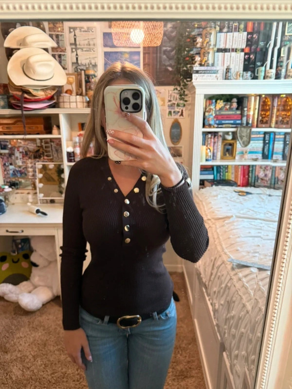 Jolie & Joy Brown Ribbed Gold Button Henley Long Sleeve Top Size M